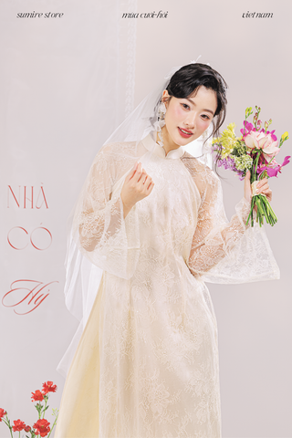 Áo dài dáng ôm ren kim sa Phúc Thiên Hương - Kem