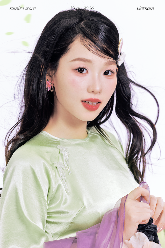 Áo dài cổ tròn Điểm Xuân - Xanh non nhạt