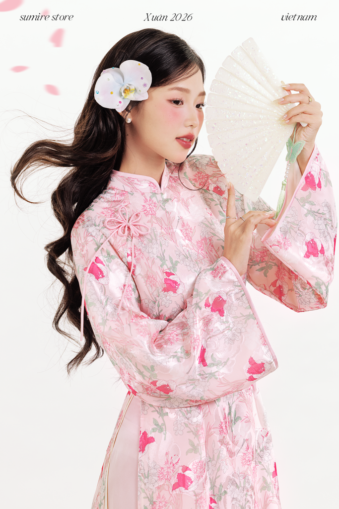 Áo dài tơ hoa Vân Đình - Hồng viền hồng