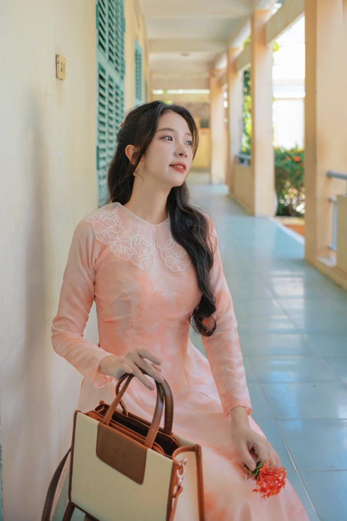 Áo dài cổ sen An Dung - Phấn cam