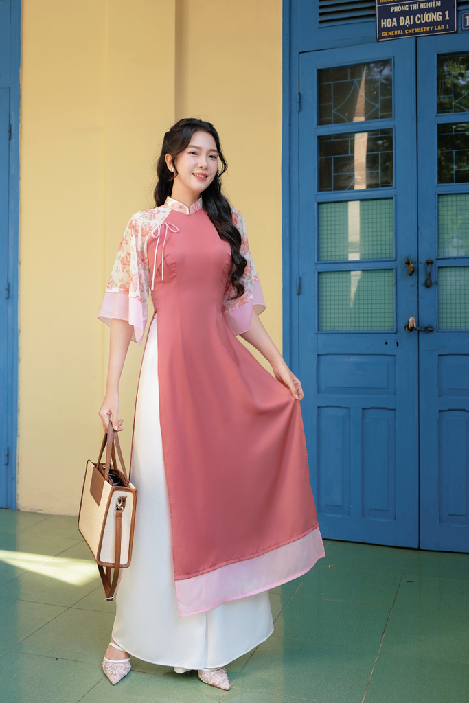 Áo dài Phương Hoa Xuân - Hồng đậm nhành hoa