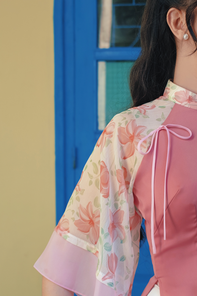 Áo dài Phương Hoa Xuân - Hồng đậm nhành hoa