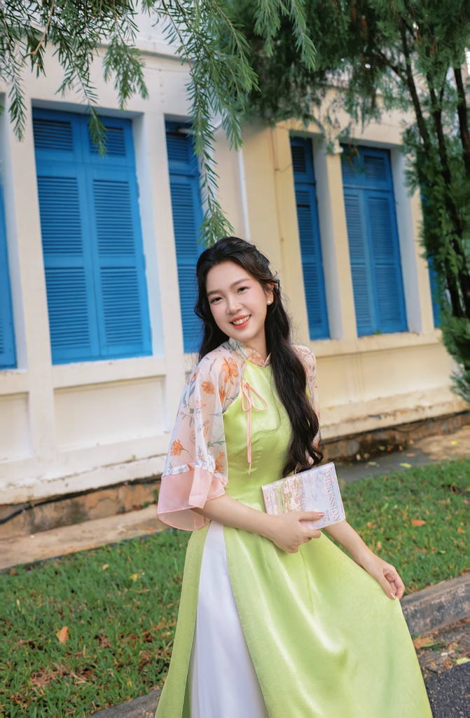 Áo dài Phương Hoa Xuân - Xanh nhành hoa cam