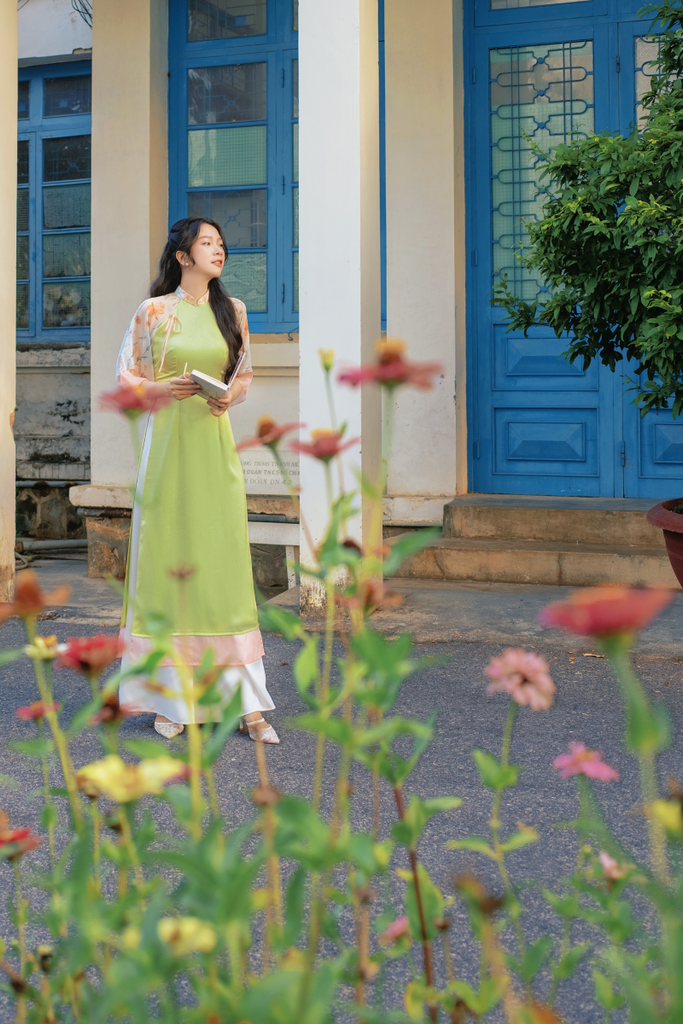 Áo dài Phương Hoa Xuân - Xanh nhành hoa cam
