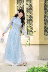 Áo dài voan hoa Vân Nhiên - Xanh biển
