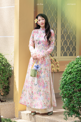 Áo dài voan hoa Vân Nhiên - Hồng hoa giấy
