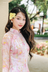 Áo dài voan hoa Vân Nhiên - Hồng mẫu đơn