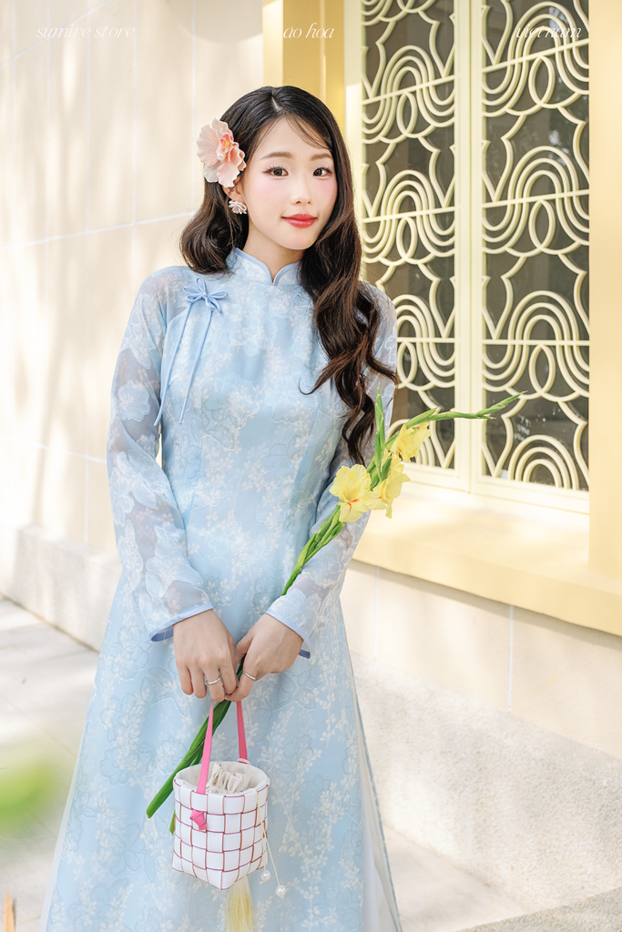 Áo dài voan hoa Vân Nhiên - Xanh biển
