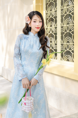 Áo dài voan hoa Vân Nhiên - Xanh biển