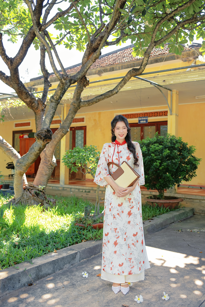 Áo dài dáng suôn An Phương - Hoa phượng đỏ