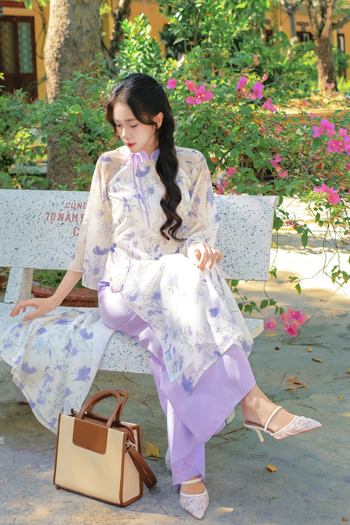 Áo dài dáng suôn An Phương - Hoa phượng tím