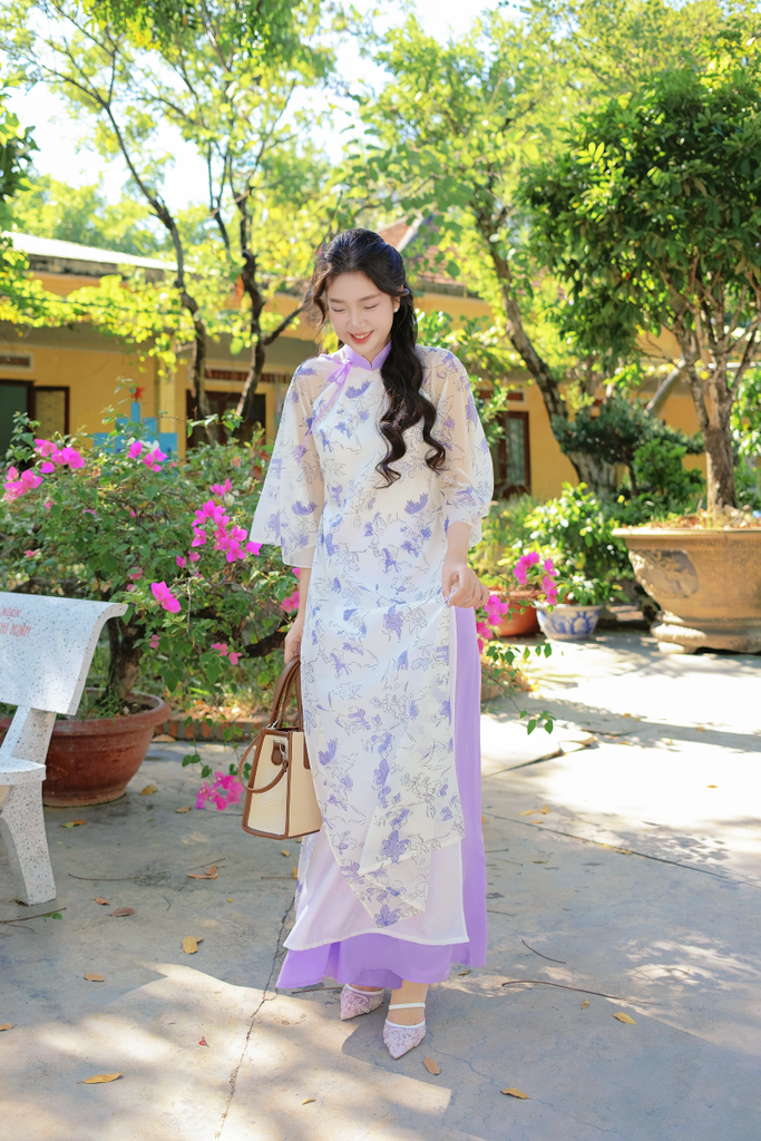 Áo dài dáng suôn An Phương - Hoa phượng tím