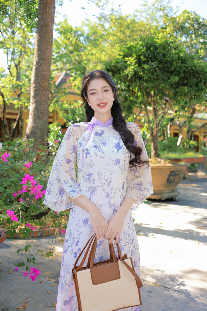 Áo dài dáng suôn An Phương - Hoa phượng tím