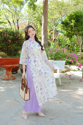 Áo dài dáng suôn An Phương - Hoa phượng tím