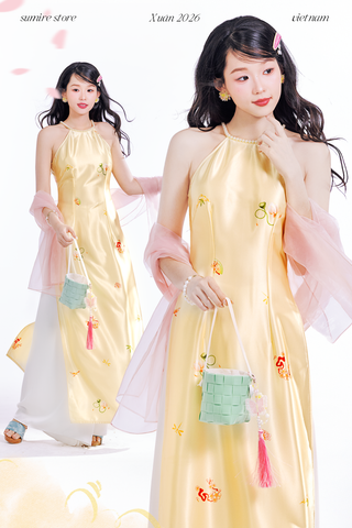 Áo dài cổ yếm Ỷ Xuân Phong - Vàng kem