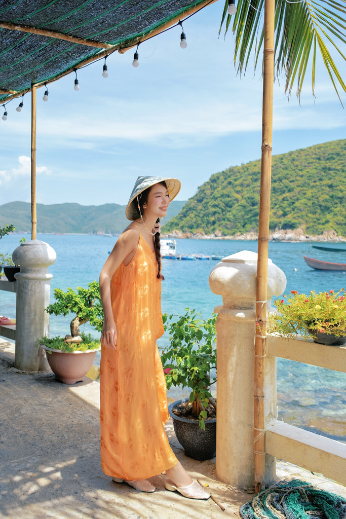 Đầm lụa tơ tằm Phụng Yến - Cam sáng ổ sen