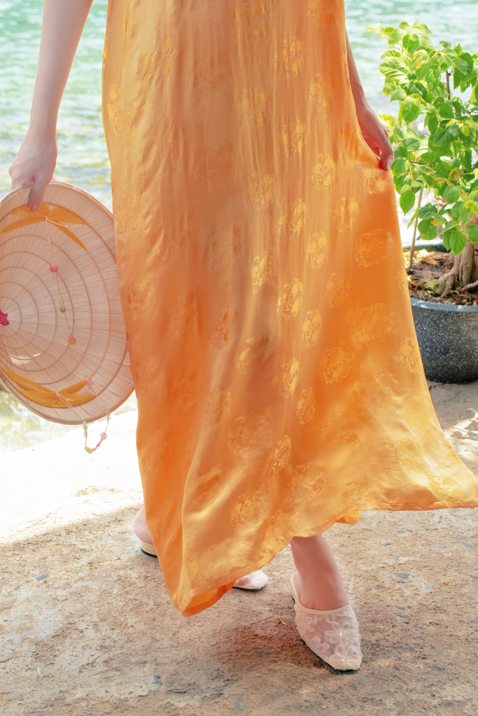 Đầm lụa tơ tằm Phụng Yến - Cam sáng ổ sen