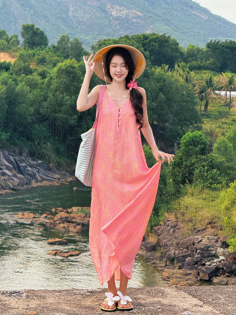 Đầm lụa tơ tằm Phụng Yến - Hồng sáng phúc thọ