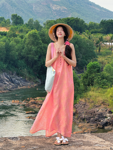 Đầm lụa tơ tằm Phụng Yến - Hồng sáng phúc thọ