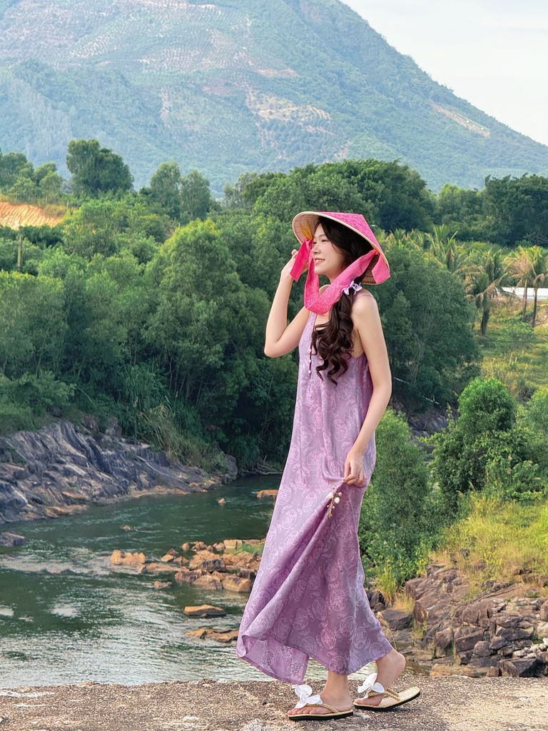 Đầm lụa tơ tằm Phụng Yến - Tím môn phúc thọ