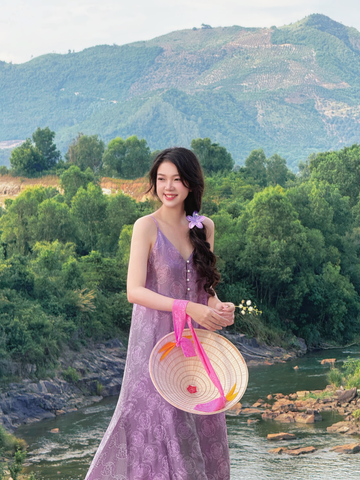 Đầm lụa tơ tằm Phụng Yến - Tím môn phúc thọ