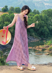 Đầm lụa tơ tằm Phụng Yến - Tím môn phúc thọ