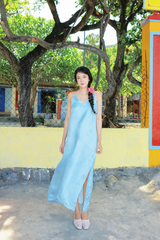 Đầm lụa tơ tằm Phụng Yến - Xanh biển hoa cúc