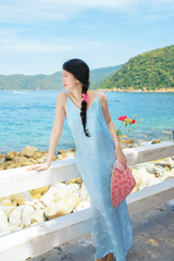 Đầm lụa tơ tằm Phụng Yến - Xanh biển hoa cúc