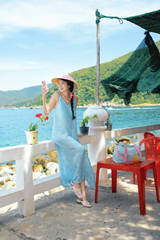 Đầm lụa tơ tằm Phụng Yến - Xanh biển hoa cúc