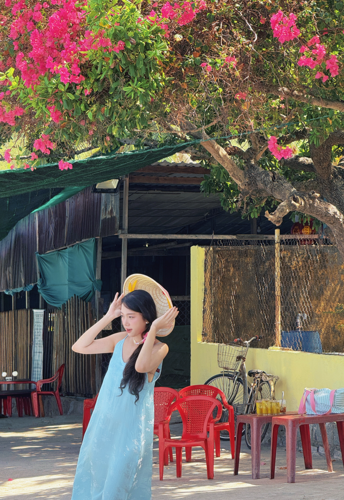 Đầm lụa tơ tằm Phụng Yến - Xanh biển hoa cúc