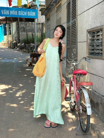 Đầm lụa tơ tằm Phụng Yến - Xanh ngọc hoa cúc