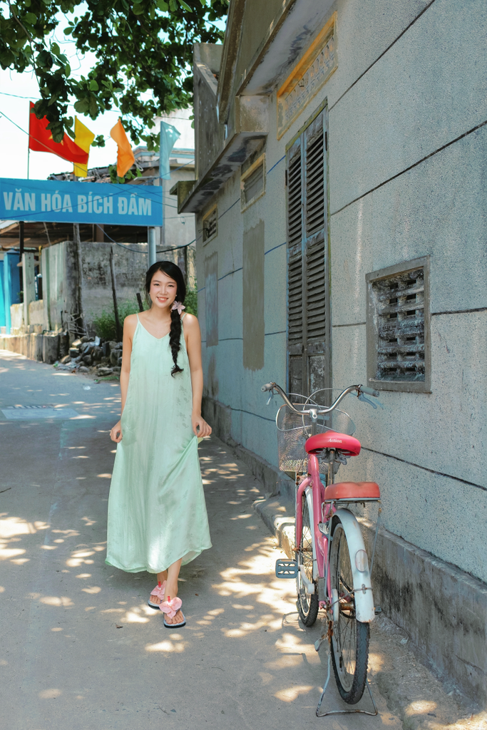Đầm lụa tơ tằm Phụng Yến - Xanh ngọc hoa cúc