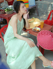 Đầm lụa tơ tằm Phụng Yến - Xanh ngọc hoa cúc