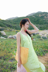 Đầm lụa tơ tằm Phụng Yến - Xanh non hoa cúc