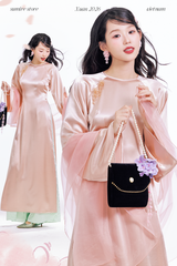 Áo dài cổ tròn Điểm Xuân - Hồng ửng