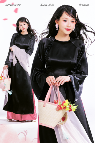 Áo dài cổ tròn Điểm Xuân - Đen