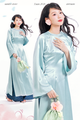 Áo dài cổ tròn Điểm Xuân - Xanh biển nhạt
