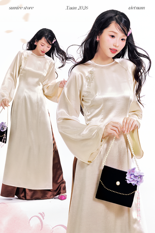 Áo dài cổ tròn Điểm Xuân - Be nhạt