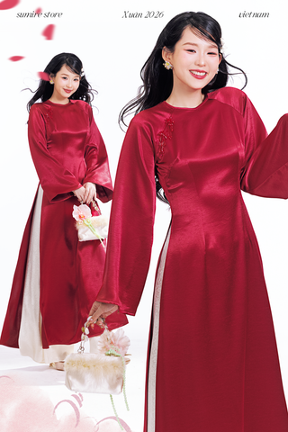 Áo dài cổ tròn Điểm Xuân - Đỏ