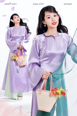 Áo dài cổ tròn Điểm Xuân - Tím