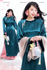 Áo dài cổ tròn Điểm Xuân - Xanh cổ vịt