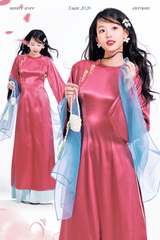 Áo dài cổ tròn Điểm Xuân - Hồng đậm