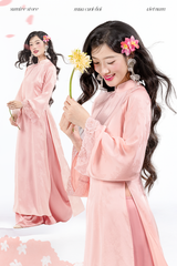 Áo dài dáng ôm gấm tay loe Phúc Trâm - Hồng