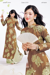 Áo dài Truyền thống Quý Xuân - Nâu hoa xanh
