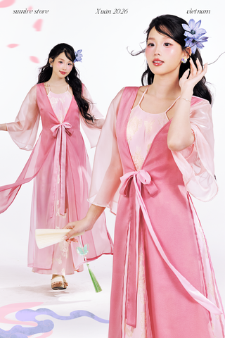 Đầm cổ yếm Tiên Dung - Hồng hoa ánh vàng