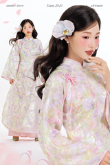 Áo dài tơ hoa Vân Đình - Hoa viền hồng