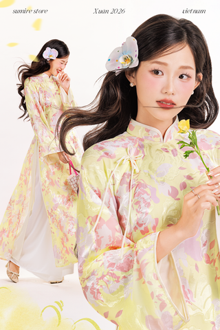 Áo dài tơ hoa Vân Đình - Kem vàng