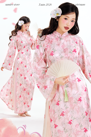 Áo dài tơ hoa Vân Đình - Hồng viền hồng