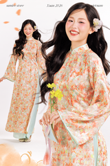 Áo dài tơ hoa Vân Đình - Cam viền xanh