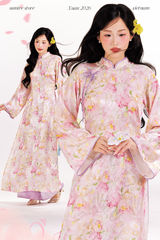 Áo dài tơ hoa Vân Đình - Hồng viền tím